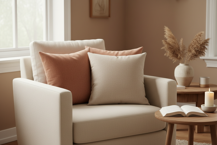 Luxury 16x16 pillow inserts styled in linen covers on an armchair in a cozy reading nook with warm terracotta tones