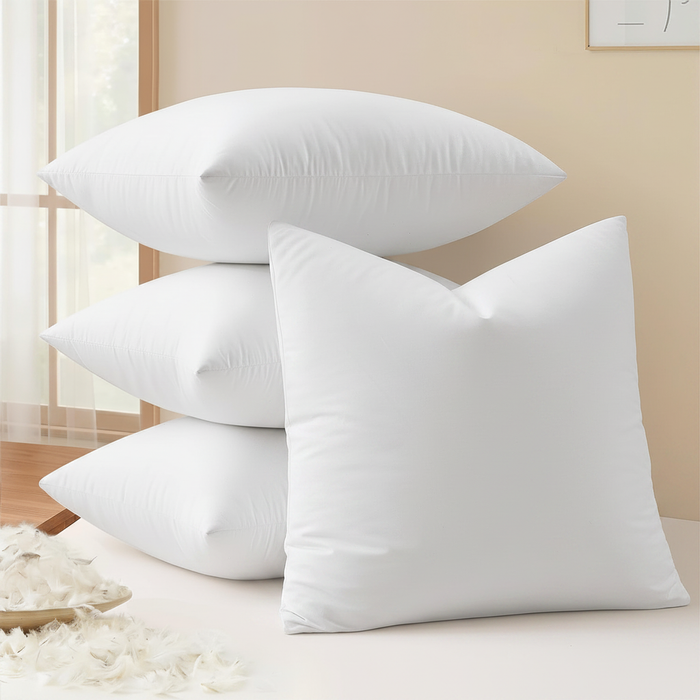 Luxury 18x18 white goose feather down pillow inserts stacked on a cool white background – clean product shot
