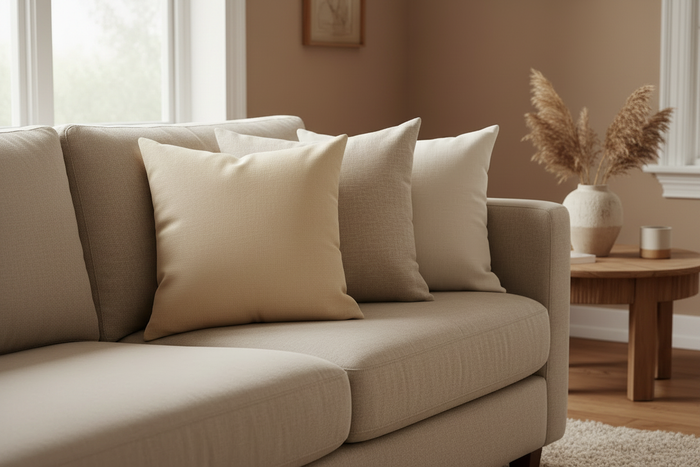 Luxury 18x18 pillow inserts styled in linen covers on a neutral sofa with cool morning light and botanical decor
