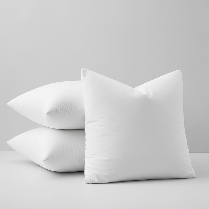 Luxury 22x22 white goose feather down pillow inserts stacked on a soft grey-white background – clean product shot