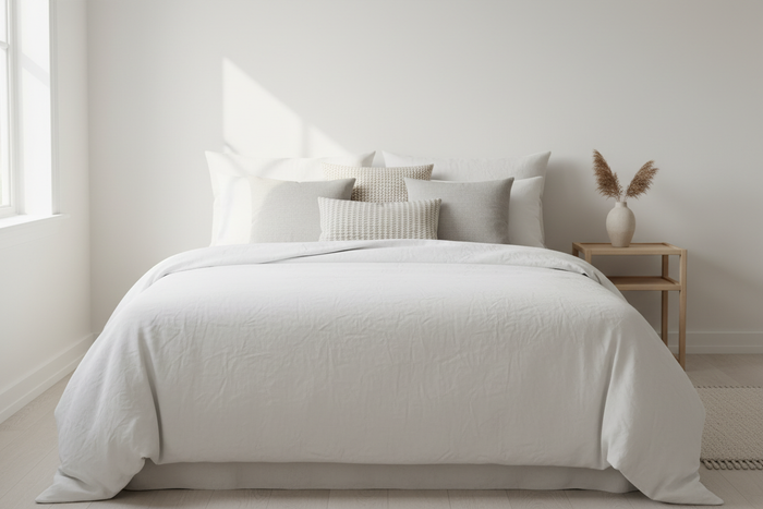 Luxury 22x22 pillow inserts styled in linen covers on a bed with white bedding in a bright Scandinavian bedroom