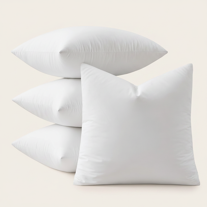 Luxury 26x26 white goose feather down pillow inserts stacked on a warm white background – clean product shot