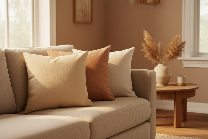 Luxury 26x26 pillow inserts styled in linen covers on a neutral sofa with warm earthy living room decor