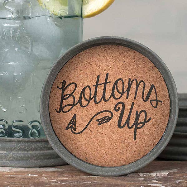 Set of 4 Bottoms Up mason jar lid coasters with waterproof print and cork lining, tied with jute ribbon – rustic drink coasters, 3¾ inch diameter, fits wide-mouth Mason jars