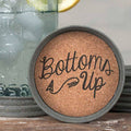 Set of 4 Bottoms Up mason jar lid coasters with waterproof print and cork lining, tied with jute ribbon – rustic drink coasters, 3¾ inch diameter, fits wide-mouth Mason jars