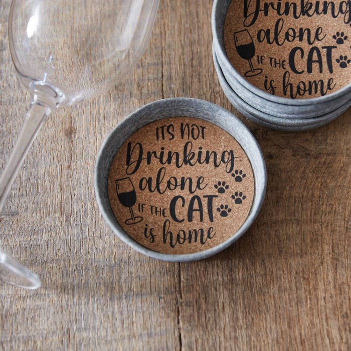 Set of 4 Cat Is Home mason jar lid coasters with waterproof cat phrase print and cork lining, tied with jute ribbon – rustic pet decor coasters, 3¾ inch diameter, fits wide-mouth Mason jars