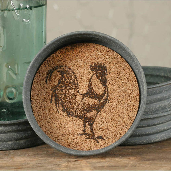 Set of 4 rooster mason jar lid coasters with waterproof print and cork lining, tied with jute ribbon – rustic farmhouse drink coasters, 3¾ inch diameter, fits wide-mouth Mason jars