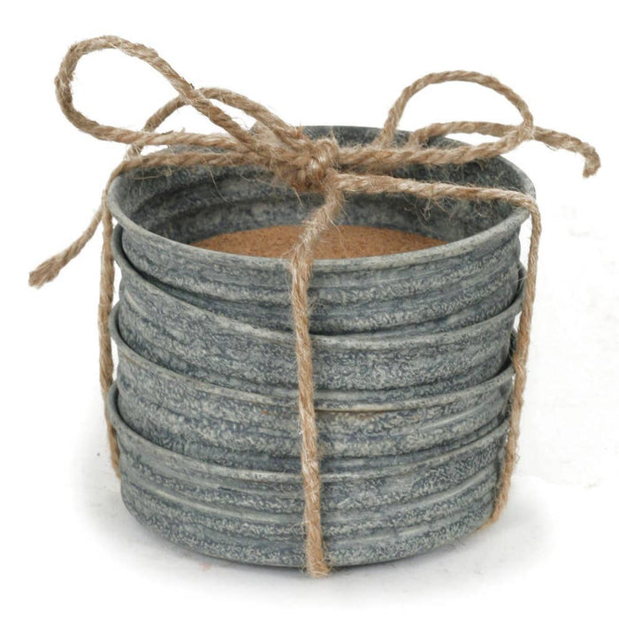 Rooster mason jar lid coaster set displayed on a farmhouse table – 4 cork-lined coasters with bold waterproof rooster print, arrives gift-ready with jute ribbon tie