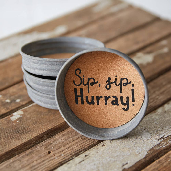 Set of 4 Sip Sip Hurray mason jar lid coasters with waterproof print and cork lining, tied with jute ribbon – festive rustic drink coasters, 3¾ inch diameter, fits wide-mouth Mason jars