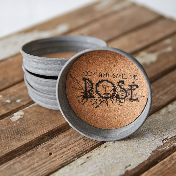 Set of 4 Stop & Smell the Rosé mason jar lid coasters with waterproof print and cork lining, tied with jute ribbon – rustic wine lover coasters, 3¾ inch diameter, fits wide-mouth Mason jars gif