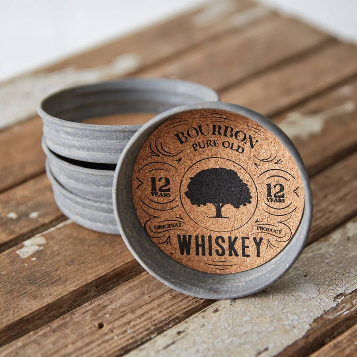 Set of 4 whiskey-themed mason jar lid coasters with waterproof print and cork lining, tied with jute ribbon – rustic home bar coasters, 3¾ inch diameter, fits wide-mouth Mason jars