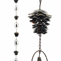 Metal pine cone rain chain in dark bronze finish with pine cone links and bells, 74 inches long, white background