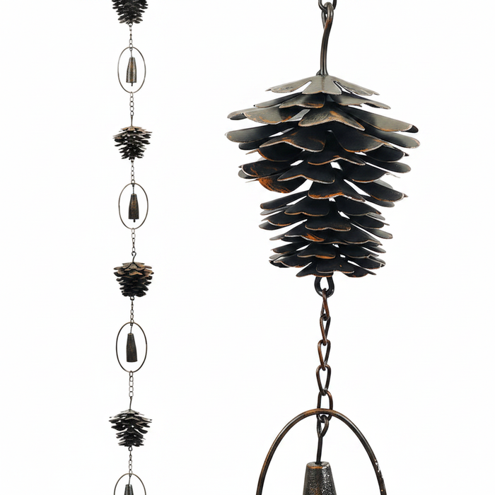 Metal pine cone rain chain in dark bronze finish with pine cone links and bells, 74 inches long, white background