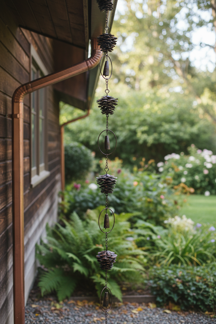 Metal pine cone rain chain hanging outdoors with lush green garden background in natural daylight