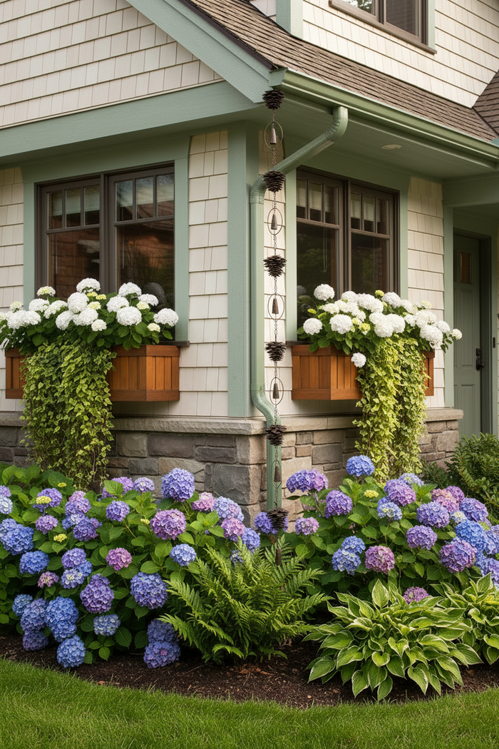 Metal pine cone rain chain hanging from a cream cottage-style home with blooming garden landscaping