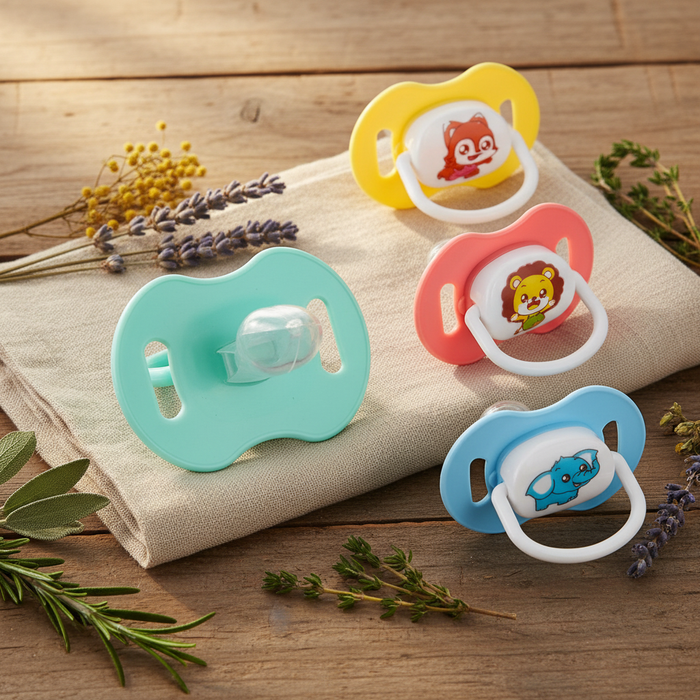 Modern silicone baby pacifier with decorative designs on a warm natural wood surface with soft linen and dried botanicals