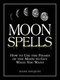 Book cover of 'Moon Spells' with moon phases and author's name on a black background