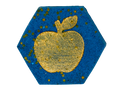 A hexagonal blue bath bomb featuring a large gold apple in the center, surrounded by small scattered gold stars, shown on a plain white background.