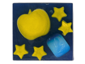 A square blue and yellow fall themed design with a large yellow apple, four yellow stars, and a opalite crystal on a dark navy blue background.