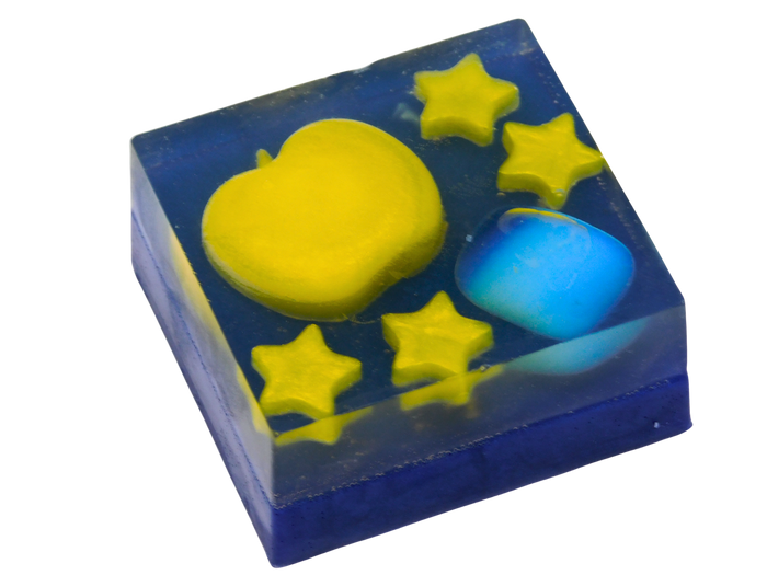 A square blue and yellow fall themed design with a large yellow apple, four yellow stars, and a opalite crystal on a dark navy blue background.