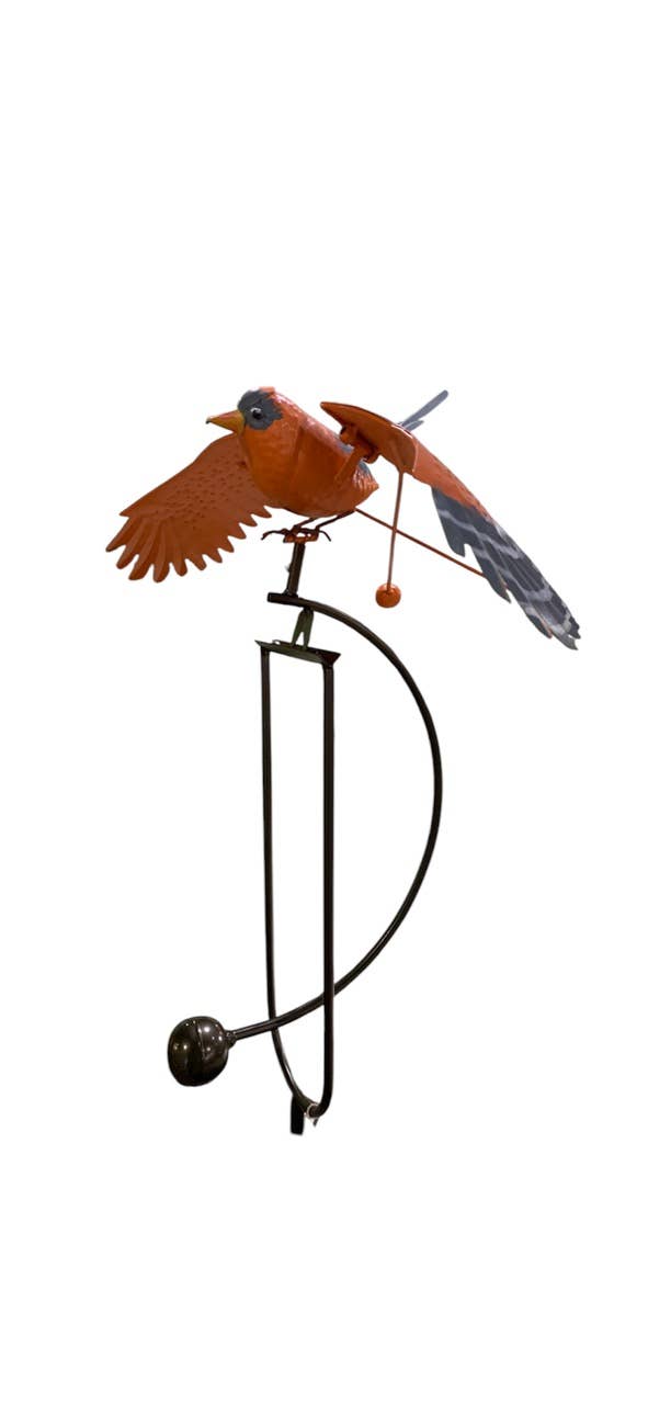 Hand-painted metal oriole rocker on garden stake featuring vivid orange and black coloring, shown against a clean background – decorative kinetic garden bird art by GoodStuff Co, 52 inches tall