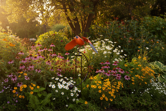 Bright orange and black metal oriole rocker on stake nestled among blooming wildflowers in a lush garden bed, bathed in warm golden hour sunlight – kinetic garden sculpture that rocks gently in the breeze