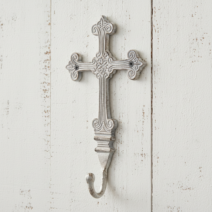 Ornate Cross Hook - Whitewashed Wood Background