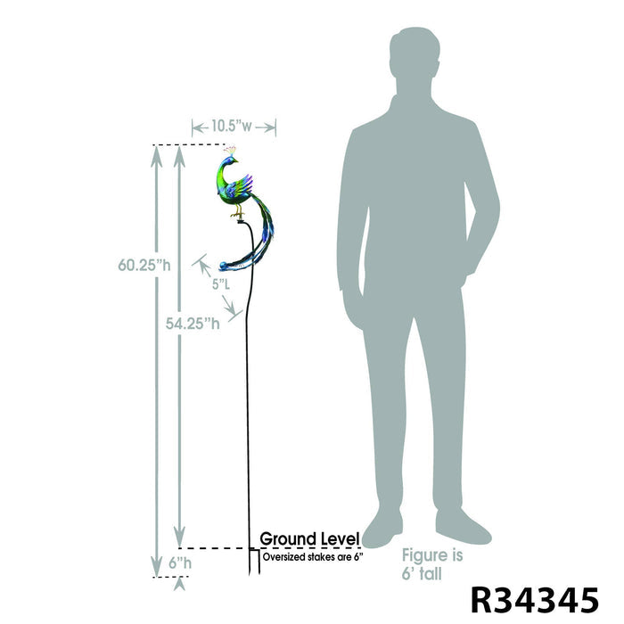 Size diagram of metal peacock balance rocker garden stake showing dimensions: 60.25 inches tall, 10.5 inches wide, 54.25 inch stake height, with 6 inch ground stake, compared to 6-foot person for scale