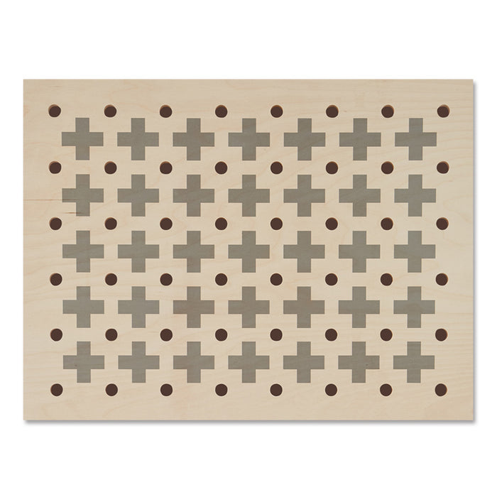 small wooden pegboard with cross pattern print