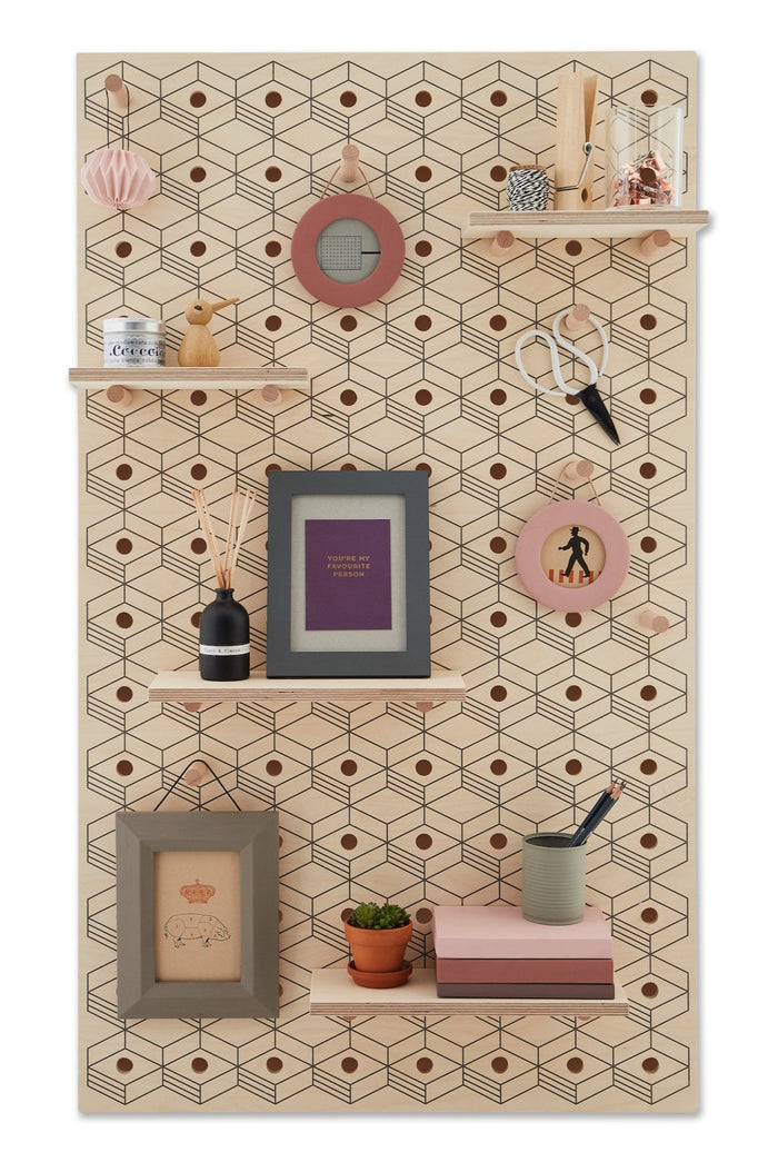 Large high quality pegboard in natural birch with graphic 3D pattern print. Shelves and peg hooks. picture frames & books