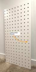 Pegboard with misaligned holes labeled on a white wall.