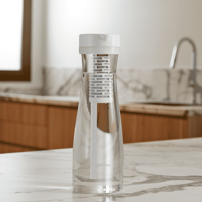 Clear PiutcherPro SMR with silver cap on a marble countertop in a kitchen setting