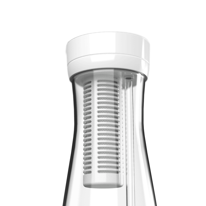 Clear glass water bottle with white lid on a white background