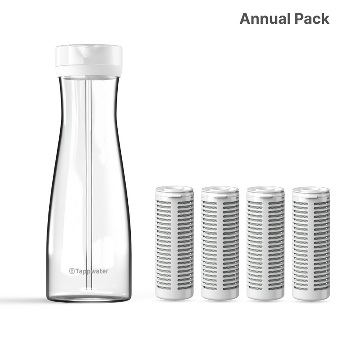The Tappwater PitcherPro SMR, a clear water carafe with a white lid, is pictured beside four white cylindrical filter cartridges, with "Annual Pack" labeled in the top right corner.