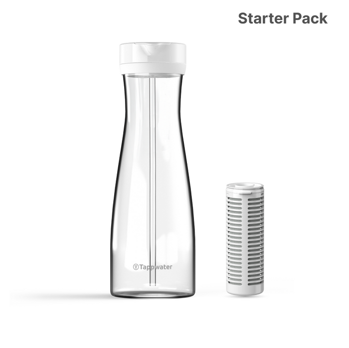 The Tappwater PitcherPro SMR, a clear glass water bottle with a white lid and straw, stands beside a white cylindrical water filter. “Starter Pack” is displayed in the top right corner.