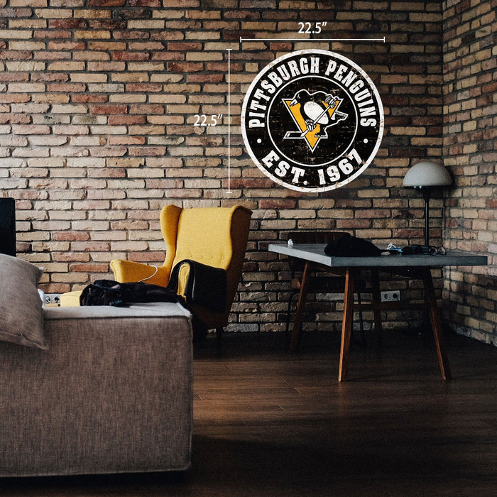 Pittsburgh Penguins Sign - 22" Round Distressed Logo