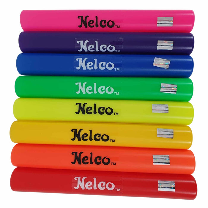 Eight Plastic relay batons  in rainbow colours with Nelco brand.