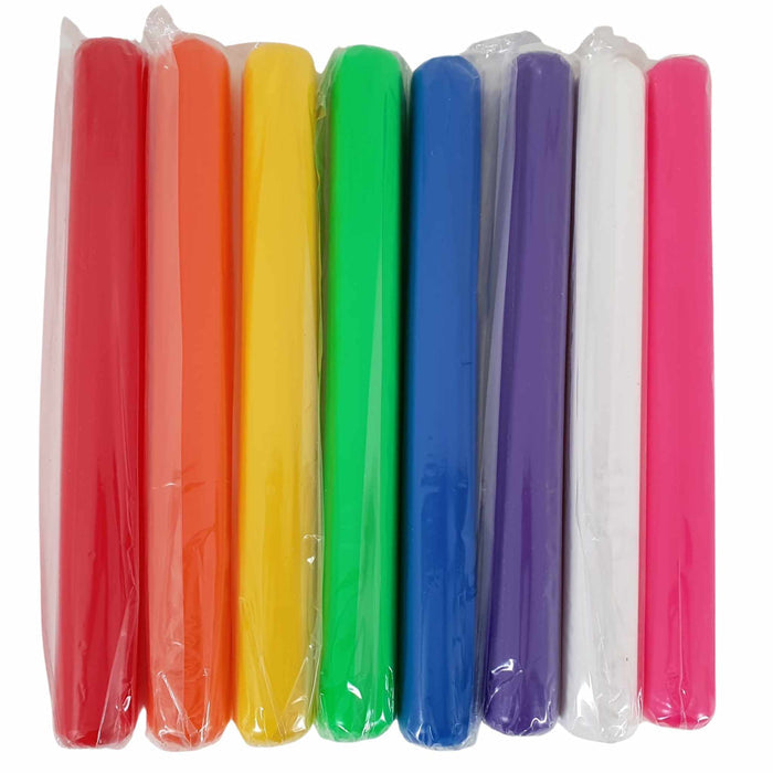 Eight junior plastic relay batons in rainbow colours