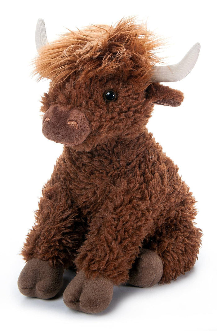 Brown highland cow plush with curly dark chocolate fur, cream horns, and golden shaggy mane, seated on white background