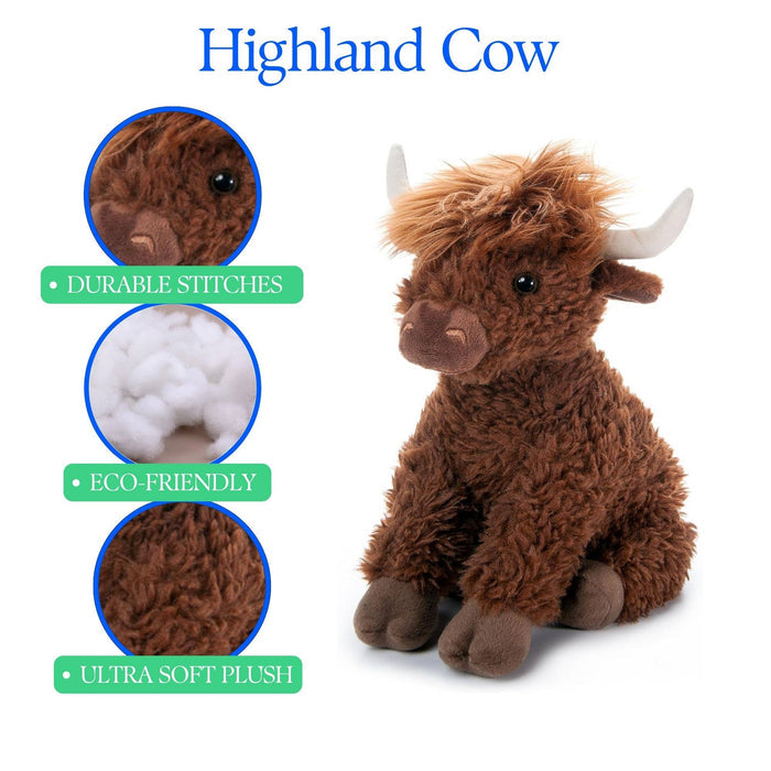 Product infographic showing highland cow plush with three feature callouts: durable stitches, eco-friendly fill, and ultra soft plush, white background