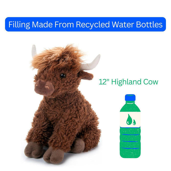 Highland cow plush next to a green water bottle graphic with text: Filling Made From Recycled Water Bottles, 12" Highland Cow, white background