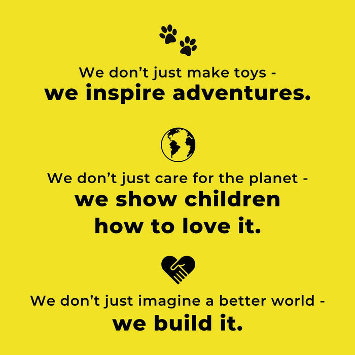 Yellow brand graphic with paw prints and globe icons and text: "We don't just make toys — we inspire adventures. We show children how to love the planet. We build it."