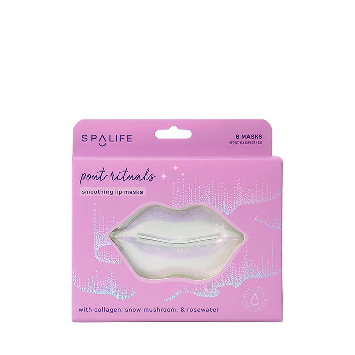 Packaging of Pout Rituals smoothing lip masks with 6 pairs visible through a clear window, on a pink background with product information.