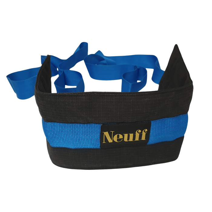 Black and blue padded resistance band waist harness with 'Neuff' branding.