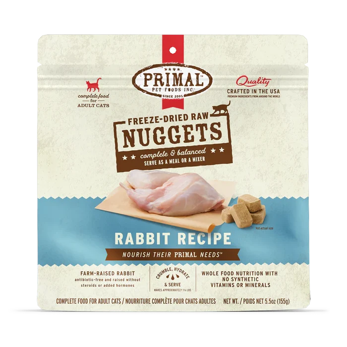 Primal Freeze Dried Rabbit for Cats package, featuring freeze-dried raw nuggets, rabbit meat image, and claims of organic, single-protein nutrition for adult cats.