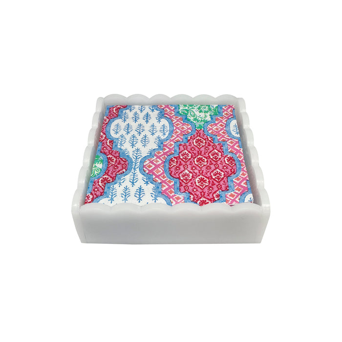 Provençal Cotton Pink White Scalloped Cocktail Napkin Box Set