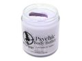 purple body butter in glass jar topped with amethyst crystal with a label that reads: Psychic Body Butter. Lavender - Amber - Vanilla.
