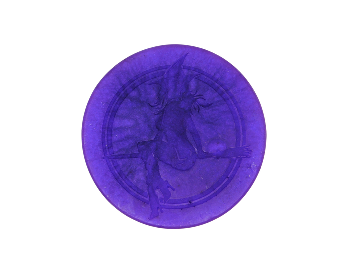 purple circular soap with witch baby logo on top