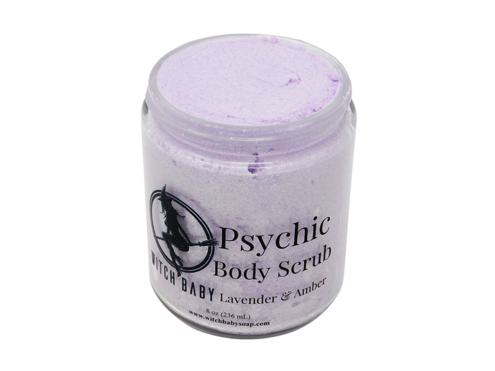 purple glitter scrub in an 8 oz jar. Label says psychic body scrub lavender and amber