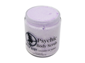 purple glitter scrub in an 8 oz jar. Label says psychic body scrub lavender and amber